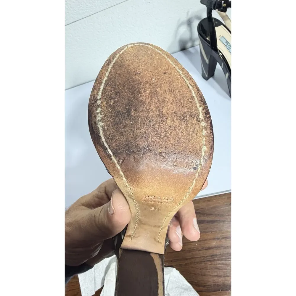 Prada Platform Heels Black Patent Wood Grain Ankle Strap Sz 37 - Picture 10 of 14